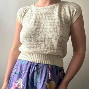 Vintage 80’s cream and blue striped knit short sleeve sweater top